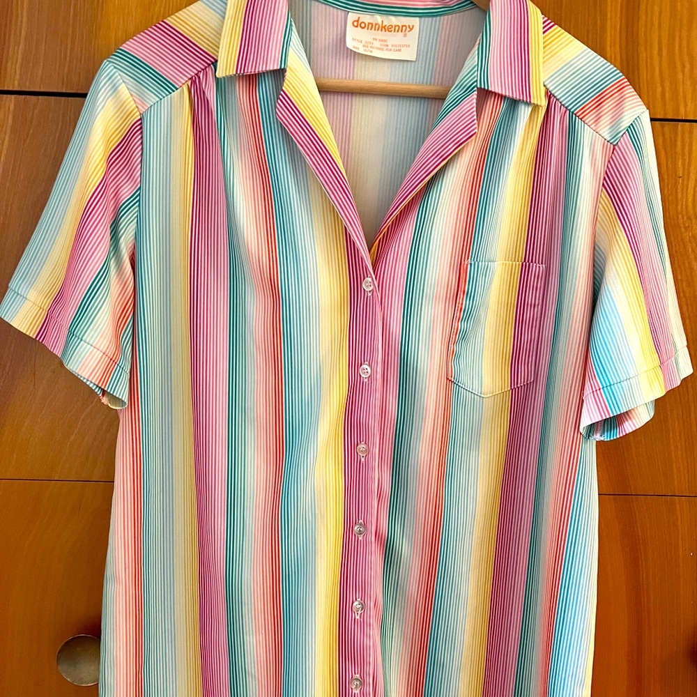 VTG Donnkenny rainbow colorful polyester striped button down
